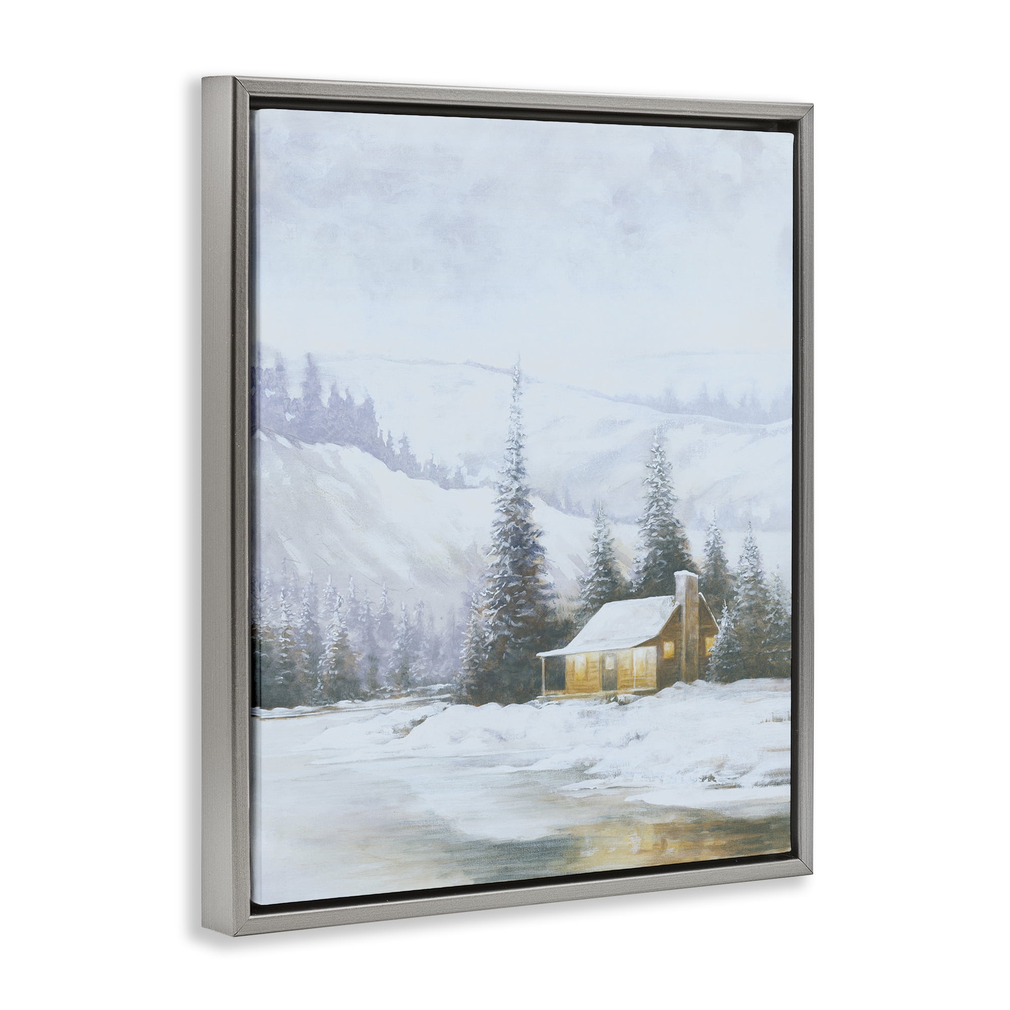 Stupell Industries Snowy Woodland Cabin Landscape Painting Gray Floater Framed Art Print Wall Art, 17 x 21