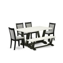 East West Furniture V626MZ606-6 6 Pc Dinette Set - Linen White Dining Table with a Small Wood Bench and 4 Shitake Chairs - Wire Brushed Black Finish