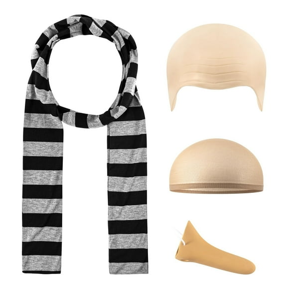 asddcavvf 4 Pcs Costume Accessories Set Black Gray Striped Scarf Nose Latex Bald Head Wig Cap Cospla
