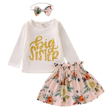 Children Spring Autumn Girls Cute Letter Print Round Collar Princess Long-Sleeved Sweet T-shirt+Skirt+Bow Hairband