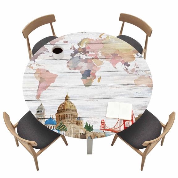 World Map Fitted Tablecloth with Elastic Edged, Round Table Cloth for Dining Table, Country Famous Building Tourism Bridge Wooden Waterproof Oil Proof Table Cover for Indoor Outdoor 55"-60"