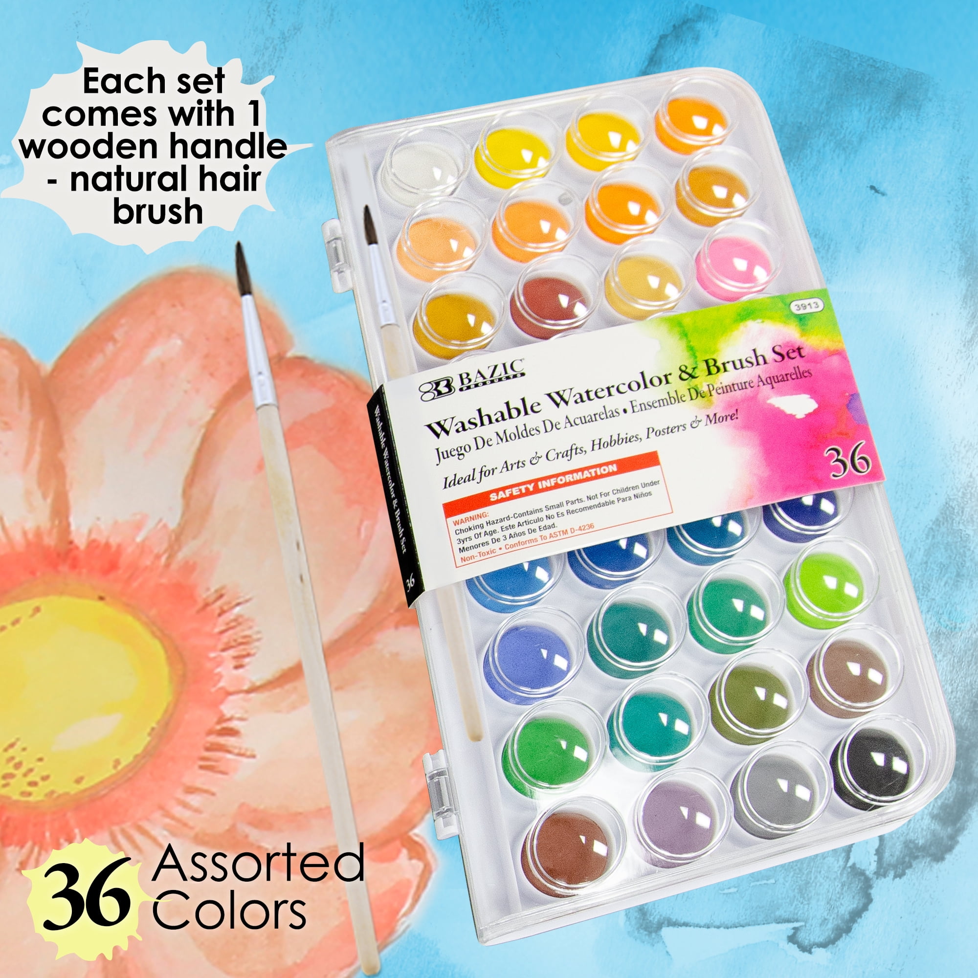 BAZIC Watercolor w/ Brush & Mixing Palette, 36 Color Non-Toxic, 12-Pack