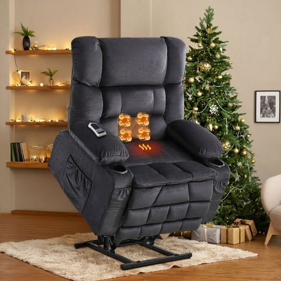 HSUNNS Recliners Lift Chair for Elderly, Upgrade Dual Motor Large Power Cotton Recliner Chair with Massage and Heat for Living Room, Single Sofa with Cup Holder & USB, Lay Flat Up to 180°, Grey