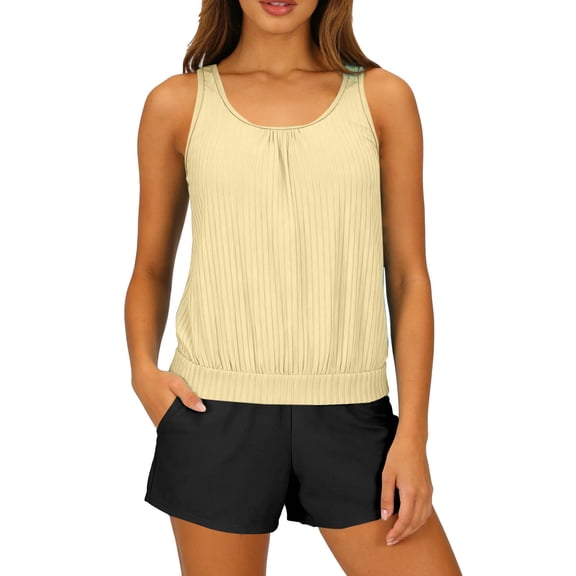 Busydd Tankini Swimsuits for Women with Built in Bra Fashion Solid Color 2 Piece Swimsuit for Women Round Neck Sleeveless Ribbed Tops and Shorts Swimwear for Beach 2XL