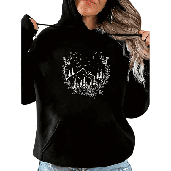 Black Celestial Mountain Floral Graphic Sweatshirt Print hoodie womens S-2XL for Daily Wear Tops