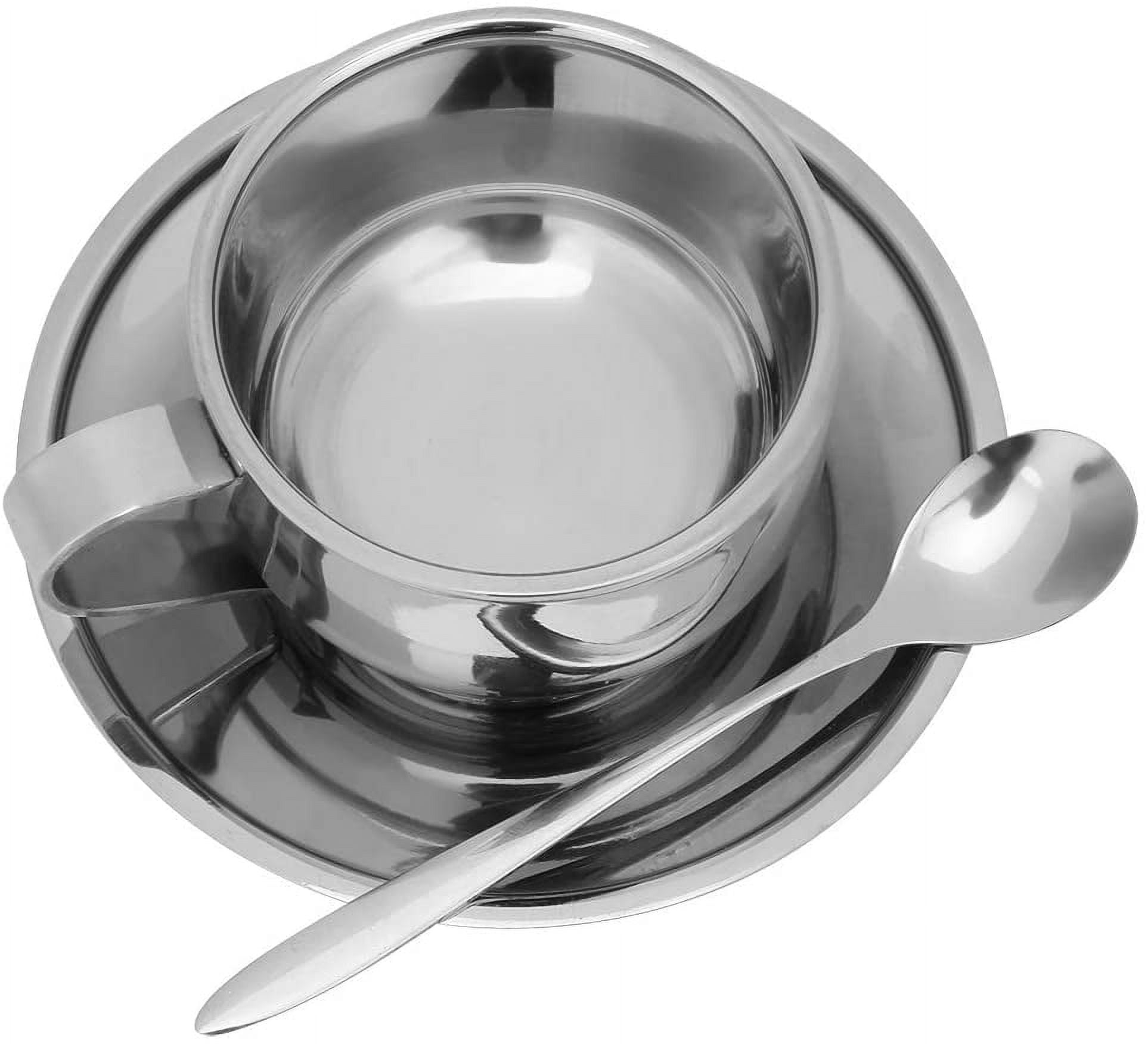 ABCISI Stainless Steel Coffee Cup Set, 6oz/180ml Coffee Mug with Saucer and Spoon, Double Walled Insulated Espresso Cups for Milk Tea Cappuccino Latte, Dishwasher Safe, Silver