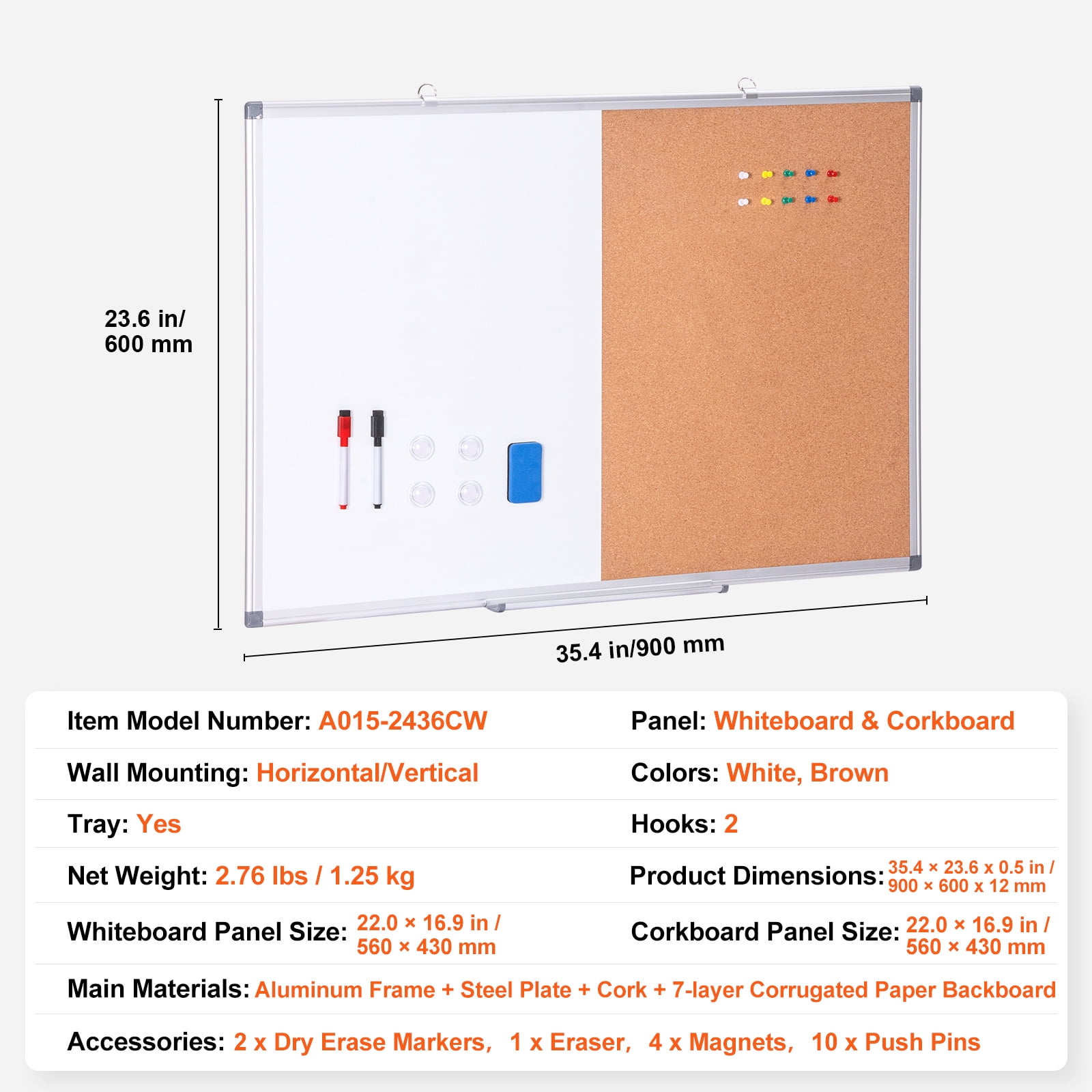 KFFKFF 36"x 24" Dual Cork Board with Aluminum Border, White Board with Magnetic Wipe Clean, Cork Bulletin Board for Wall Installation – Perfect for Educational Institutions, Residences, Workplaces