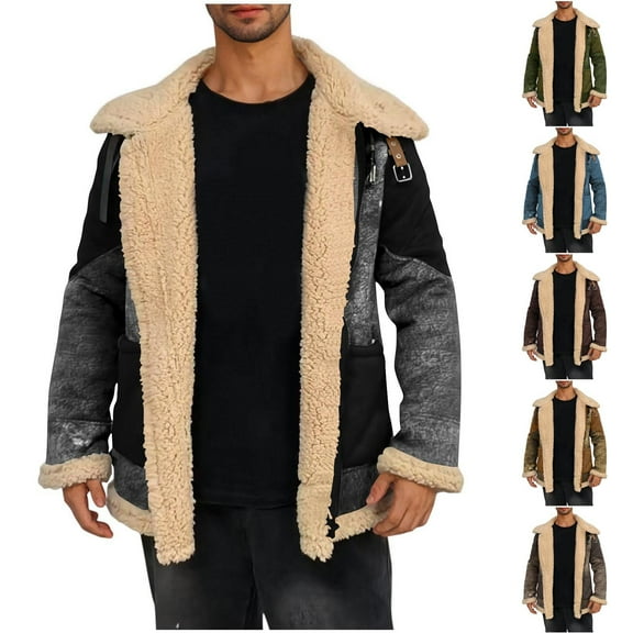 Hinvhai Sherpa Lined Long Jacket Men Faux Leather Shearling Jacket Winter Sheepskin Fleece Long Coats Fur Collar Trench Coat Khaki XL(XL)