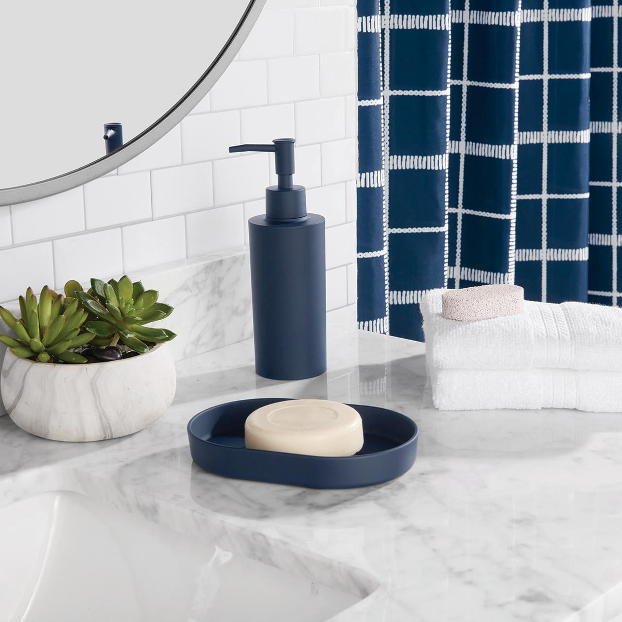 Mainstays 16-Piece Navy Blue Check Shower Curtain Bathroom Set – Fabric Curtain with Rug, Hooks, Soap Dispenser & Tray