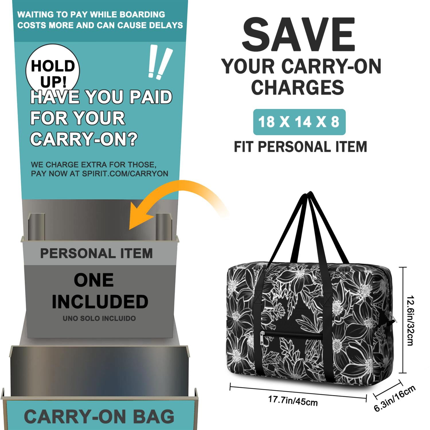 For Spirit Airlines Personal Item Bag 18x14x8 Inch, Floral Weekender Travel Bag, Foldable Travel Duffel Bag Underseat Carry on Bag with Luggage Sleeve for Women and Men 30L