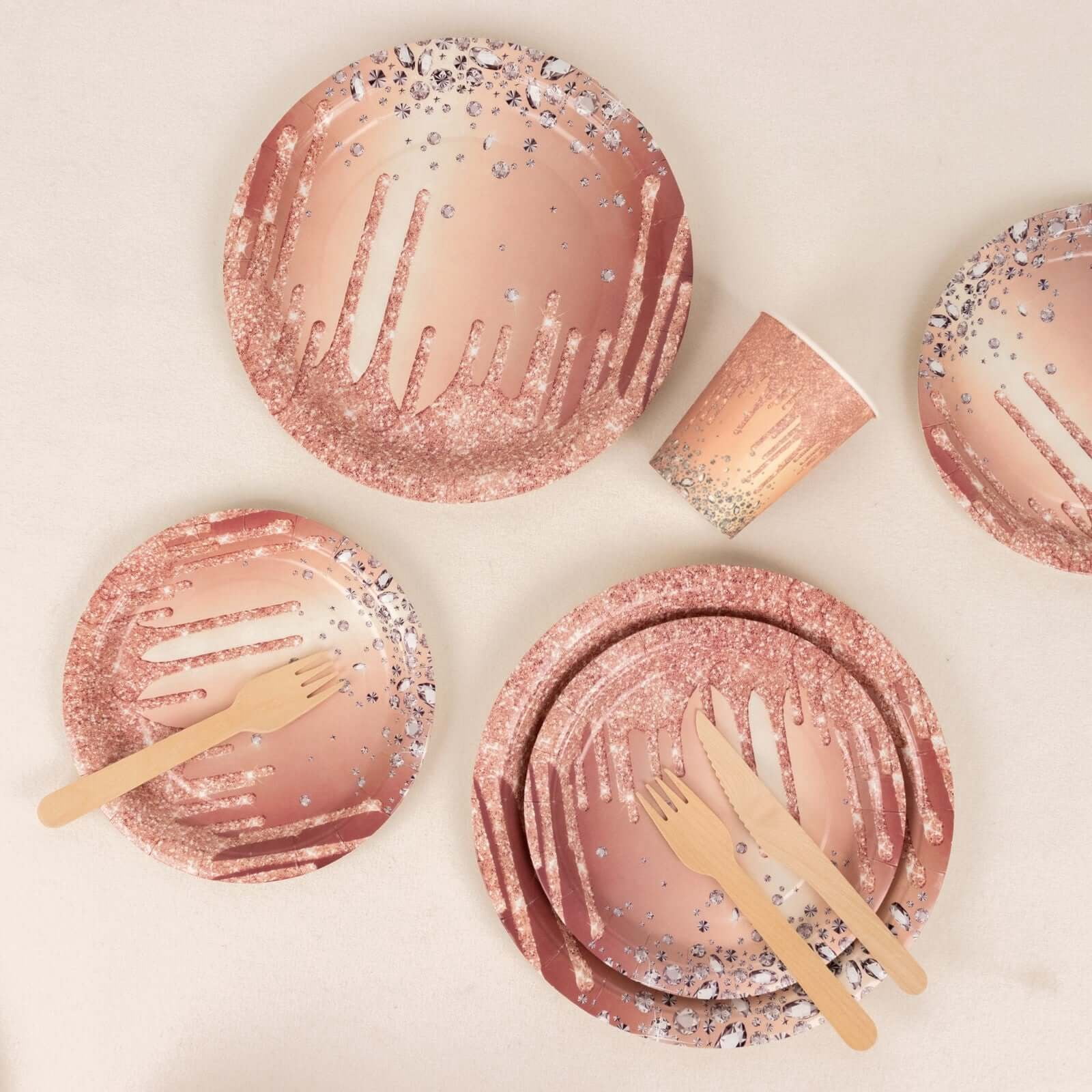 Efavormart 72 Pcs Rose Gold Disposable Party Supplies Kit With Diamonds Glitter Drip Pattern, Paper Plates Cups Tableware Combo Pack
