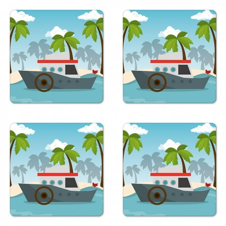 

Graphic Beach Coaster Set of 4 Cartoon Boat on Sea with Topic Palm Trees and Silhouettes Nautical Landscape Square Hardboard Gloss Coasters Standard Size Multicolor by Ambesonne