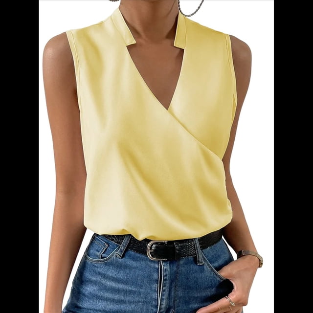 Camisetas Sin Mangas Plisadas para Mujer, Blusas Casuales Sin Mangas con Cuello en V, Camiseta Básica de Verano Amarillo XL