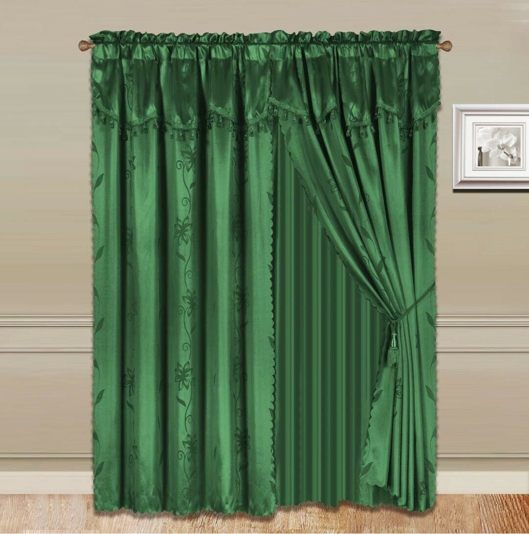 NADA HUNTER GREEN COMPLETE WINDOW CURTAIN SET 2 panels faux silk LEAF