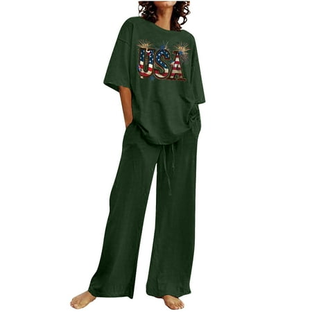 Cozirly 2 Piece Outfits for Women Summer Pants Boho Outfit Vacation Clothing Set for Women Spring Outfits Women Green S