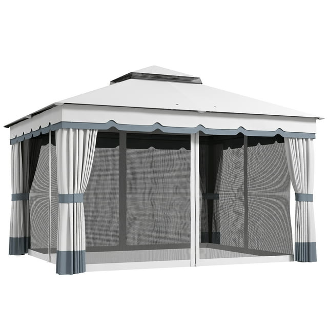 Outsunny Pavillon Extérieur à Double Toit 10 Pieds x 12 Pieds avec Moustiquaire et Rideaux