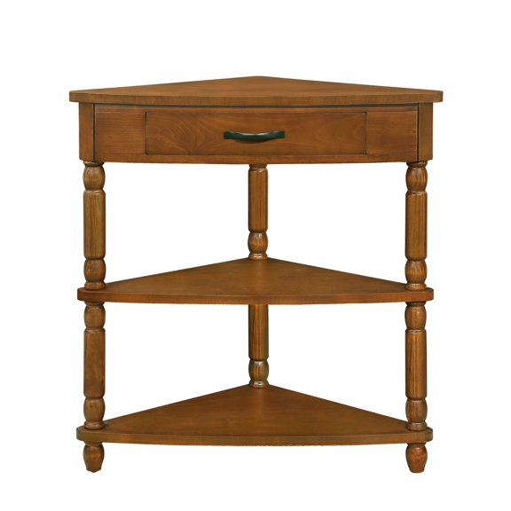 Small Triangle Corner Table, 3 Tier Wood Corner Side Table with Storage Drawer and Shelves for Living Room Bedroom