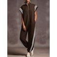thumbnail image 3 of Women'S Zipper Stand Collar Striped Color Block Fashion Long Jumpsuit Casual Chic One-Piece Outfit Brown XL, 3 of 5