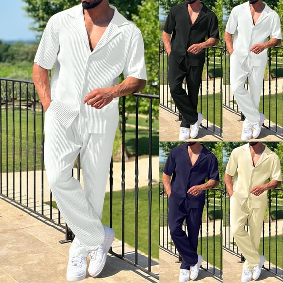 RYDCOT Mens Summer 2 Piece Set Casual Outfits Button Down Short Sleeve Shirt & Loose Pants Knit Textured Striped Tracksuit Walking Suits White