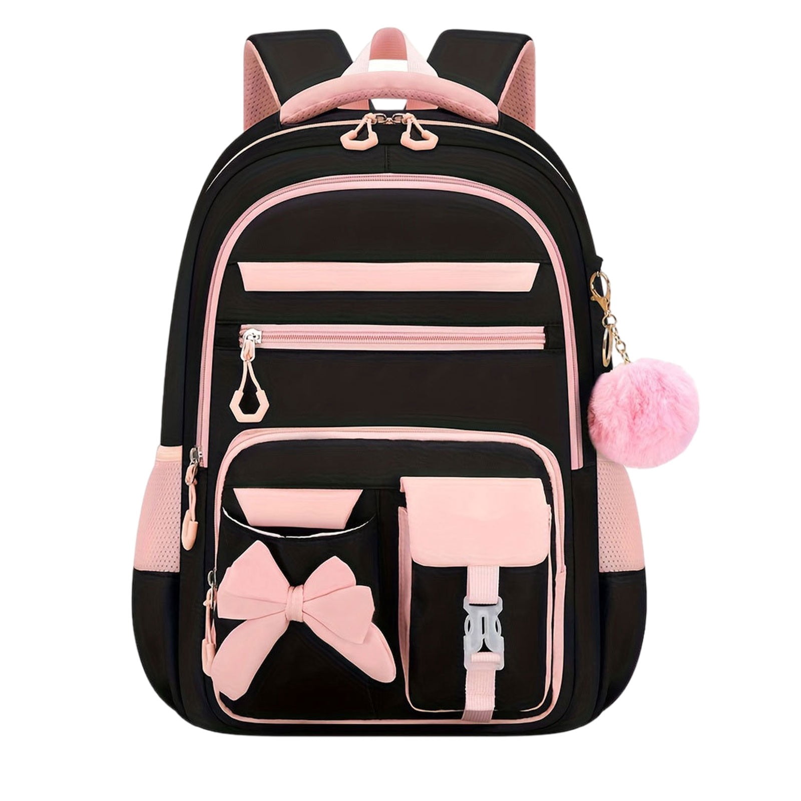 KUMHONW Women Backpack，Cute Office Backpack for Women Teens，Kawaii Bookbag for Primary Elementary，Black Pink
