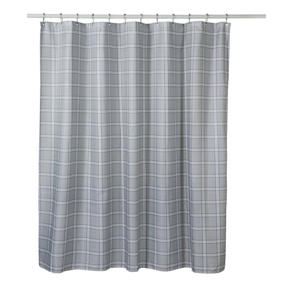 Chaps Shower Curtains with Hooks - Linen Textured Waterproof Curtain 10 Easy-slide Hooks - Gray Plaid - Size 72 x 72"