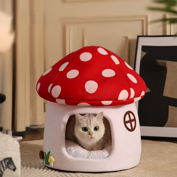 Comfortable Mushroom Cat Bed with Removable Cushion - Semi-Enclosed Cave Pet House for Indoor Cats and Small Dogs, Warm Washable Plush Den with Non-Slip Bottom, Cute Home Decor