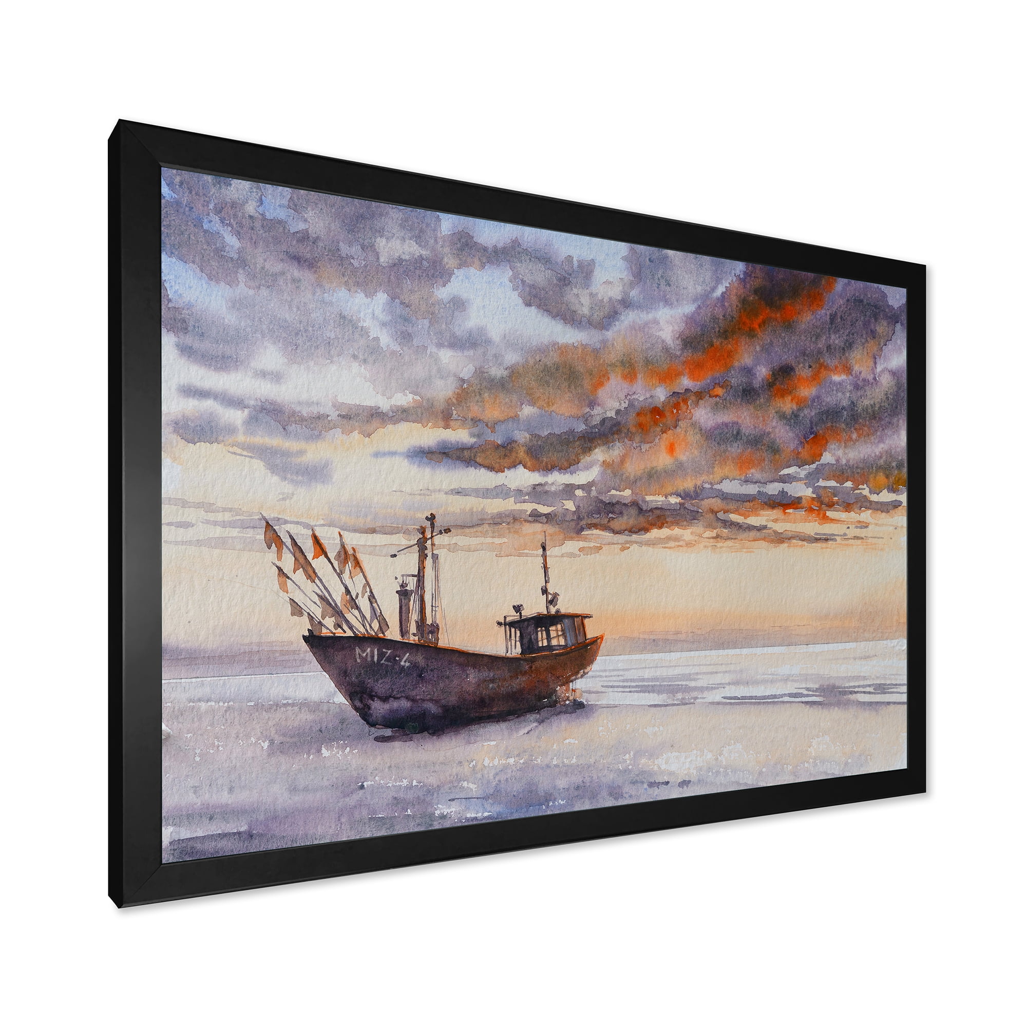 Designart 'Wooden Fishing Boat On The Baltic Shore With Evening Clouds' Nautical & Coastal Framed Art Print