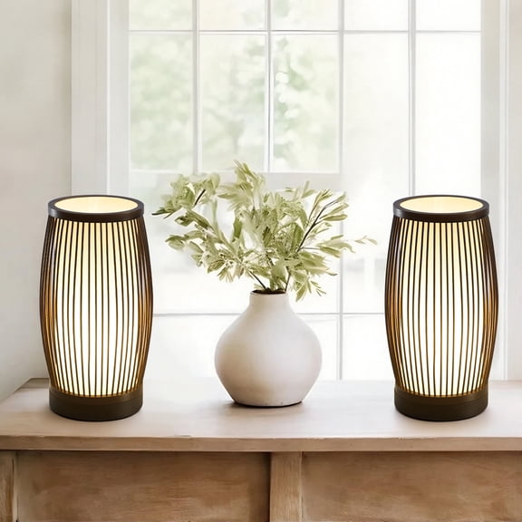 Booniture Set of 2 Boho Bamboo Table Lamps,Handmade Woven Bedside Lamp,Nightstand Lamp for Kids Room, Living Romm, Bedroom, Dorm Decor,Walnut