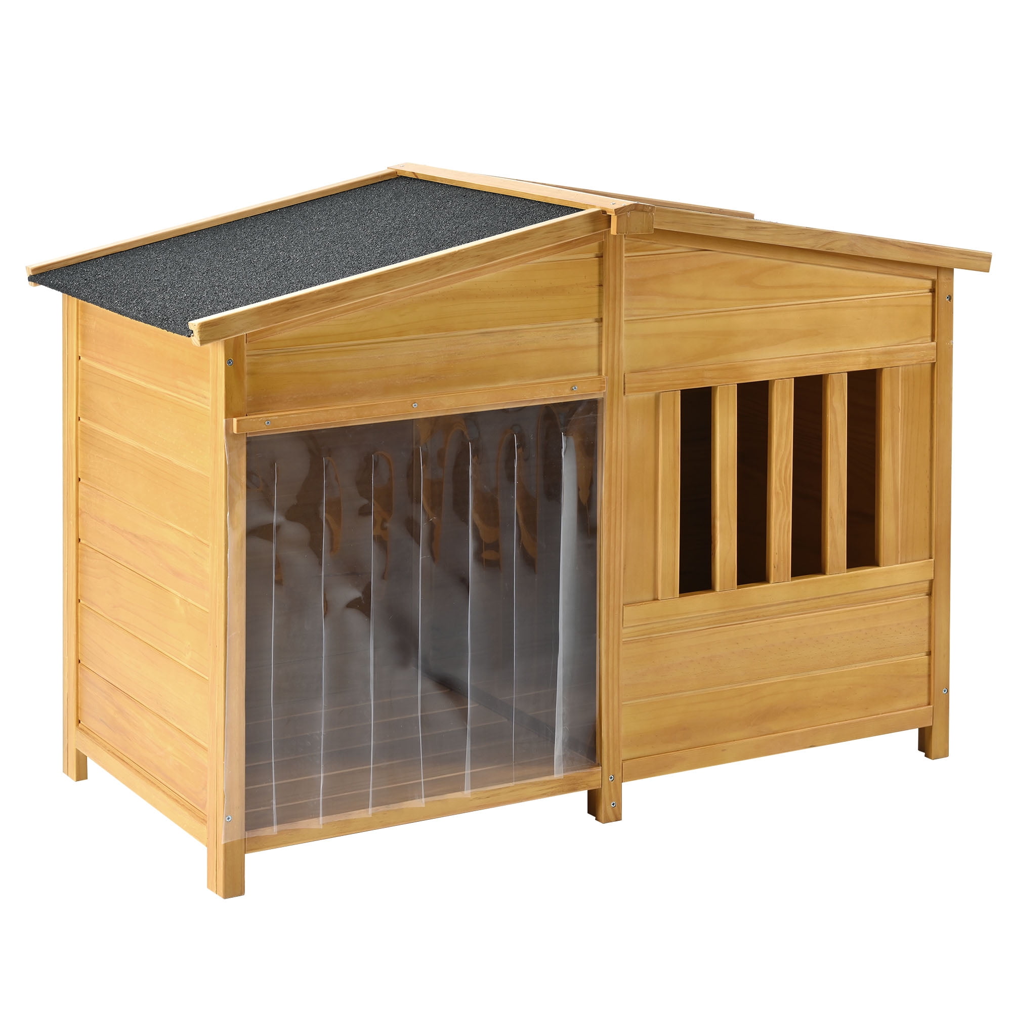 Pefilos 47.2" Outdoor Wood Dog House, Weatherproof Dog Shelter for Medium Dogs, Indoor Pet Kennel with Porch and Detachable Curtain, Beige Pefilos 47.2" Outdoor Wood Dog House, Weatherproof Dog Shelter for Medium Dogs, Indoor Pet Kennel with Porch and Detachable Curtain, Beige