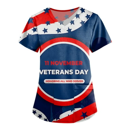

XHJUN Scrub Tops Women with Pockets American Flag Independence Day V Neck Scrubs 4th Of July Nursing Working Uniform Red XXXXXL