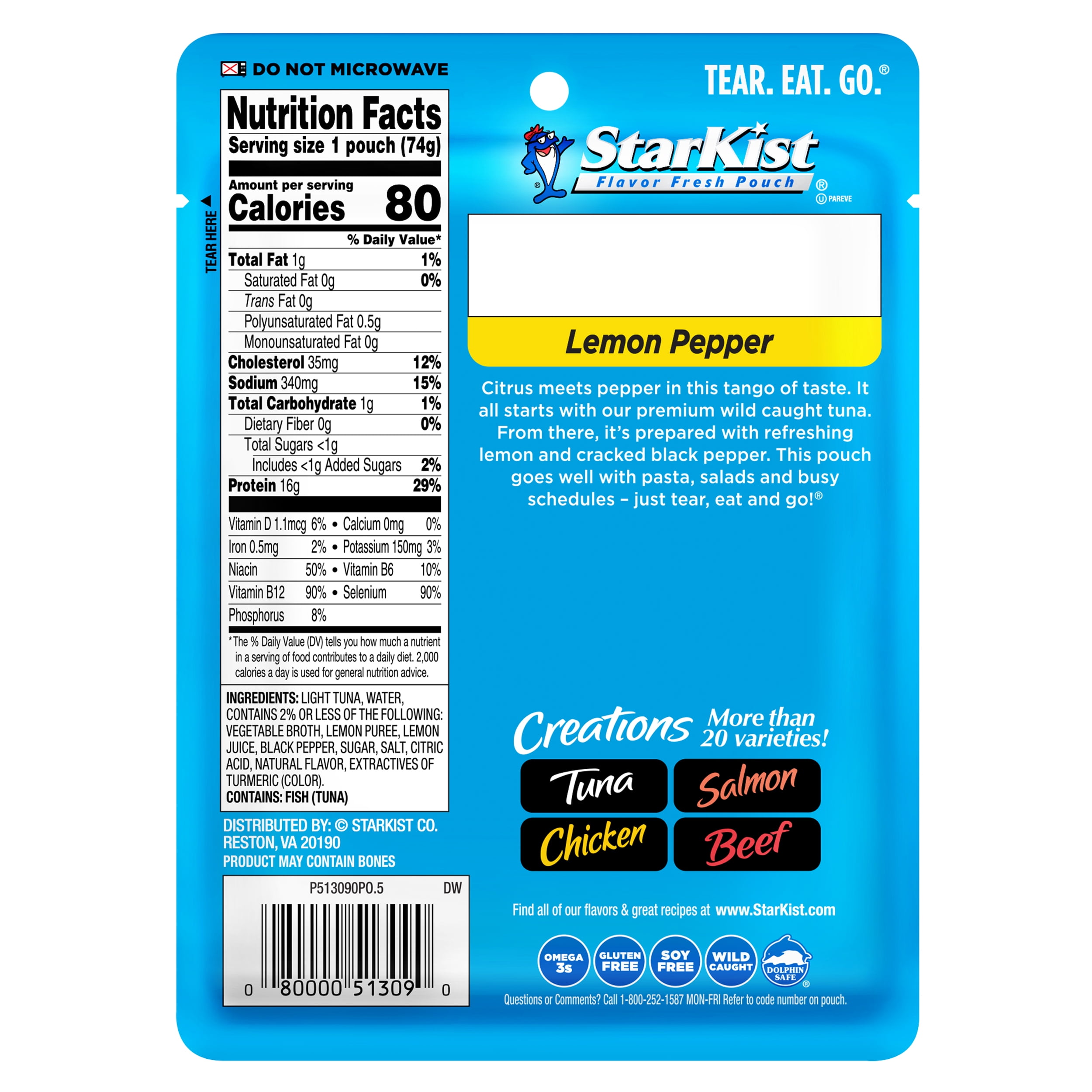 StarKist Tuna Creations, Lemon Pepper, Wild Caught, 16g Protein, 2.6 oz Pouch