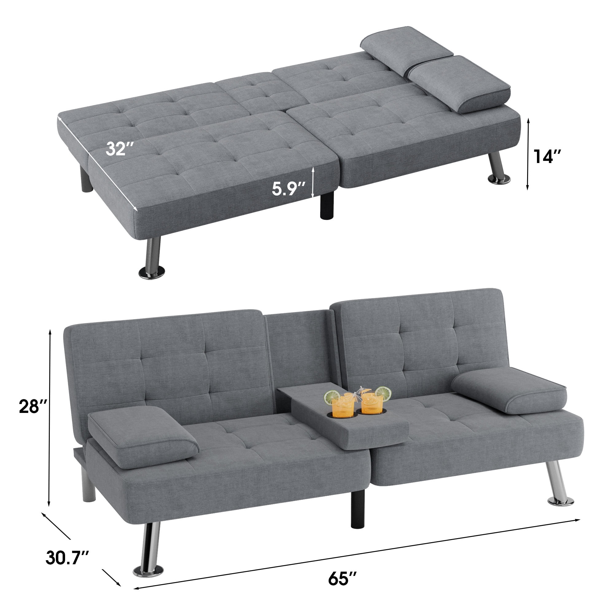 Homall Linen Convertible Futon with Cupholders, Removable Armrests, and Metal Legs, Dark Gray