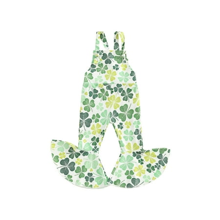 

Qtinghua Toddler Baby Girls St. Patrick s Day Romper Jumpsuit Sleeveless Halter Shamrock Print Backless Bell Bottom Playsuit Clothes White 6-12 Months
