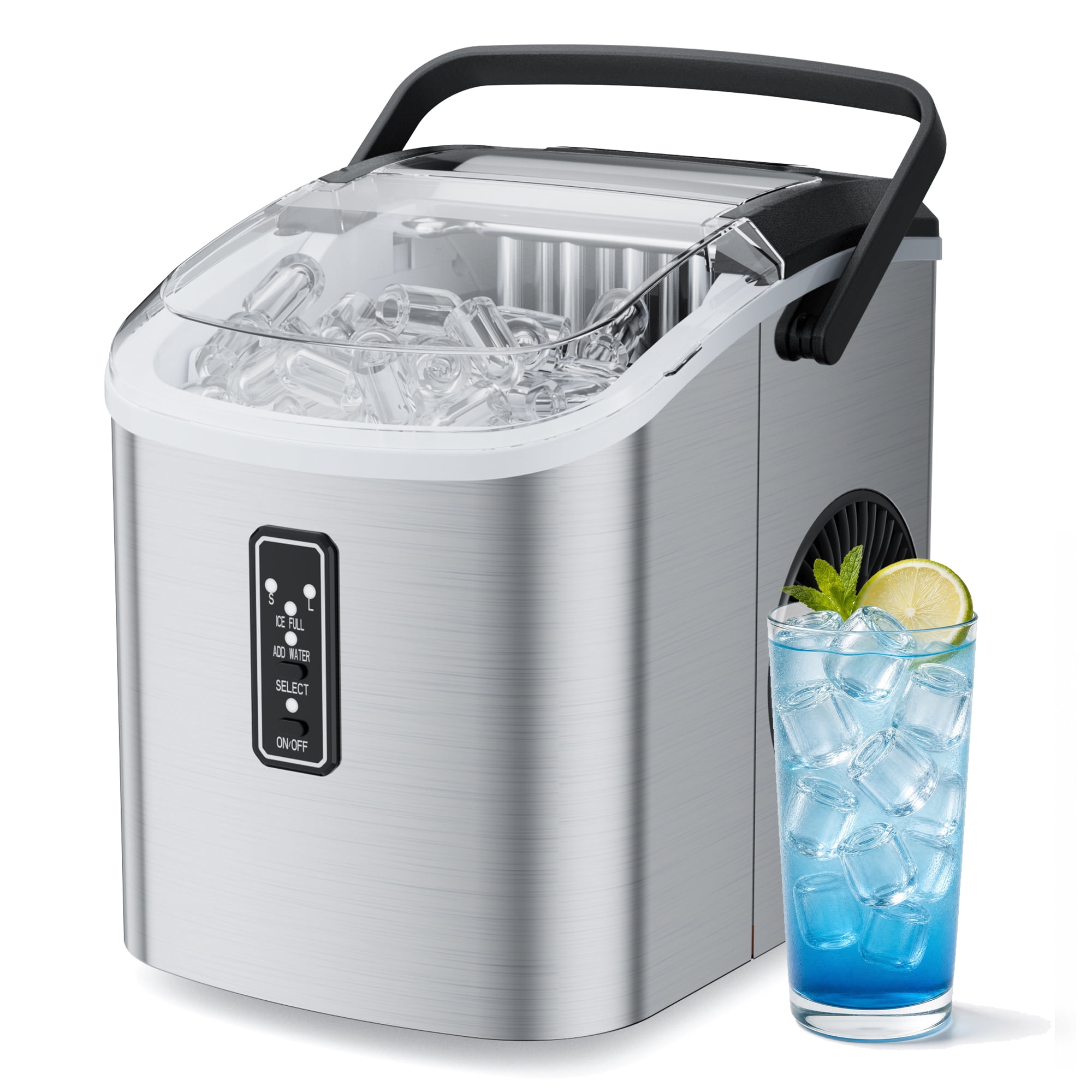 Snowyermine Countertop Ice Maker with Handle, 26 lbs/24H Portable Ice Machine, 2 Bullet Ice Sizes, 9 Cubes in 6 Minutes, Self-Cleaning for Home, Bar, RV and Camping