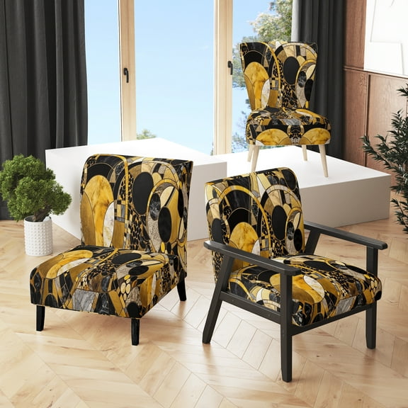 Designart "In Motion with Gold and Black I" Gold Abstractions Upholstered Accent Chair - Modern Arm Chair For Living Room