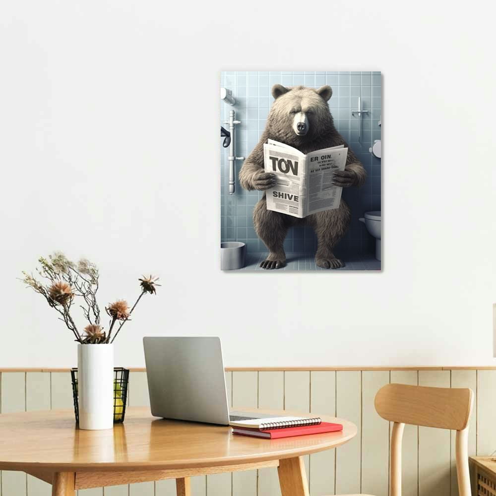 EastSmooth Black Bear Bathroom Decor Wall Art Bear Sitting in Toilet Reading Newspaper Print Picture Toilet Wall Decor Funny Bear Painting Framed Modern Artwork for Bathroom Toilet Decor