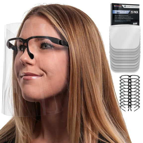 Safety Face Shields with Black Glasses Frames (Pack of 25) - Ultra Clear Protective Full Face Shields to Protect Eyes, Nose, Mouth - Anti-Fog PET Plastic, Goggles - Sanitary Droplet Splash Guard