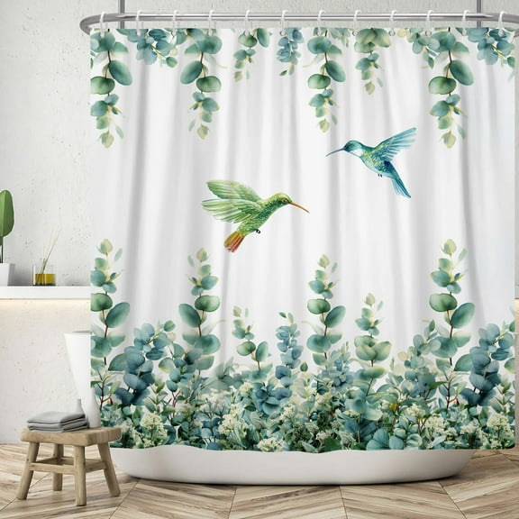 SUNOLIFE Spring Birds Shower Curtain Green Leaves Hummingbird Fabric Bathroom Curtain,72x72 in