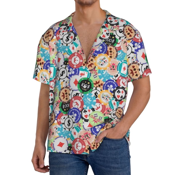 Fotbe Colored Casino Chips Camisa Estampada de Manga Corta para Hombre, Casual de Verano, Estilo Playero, Sin Arrugas-Small
