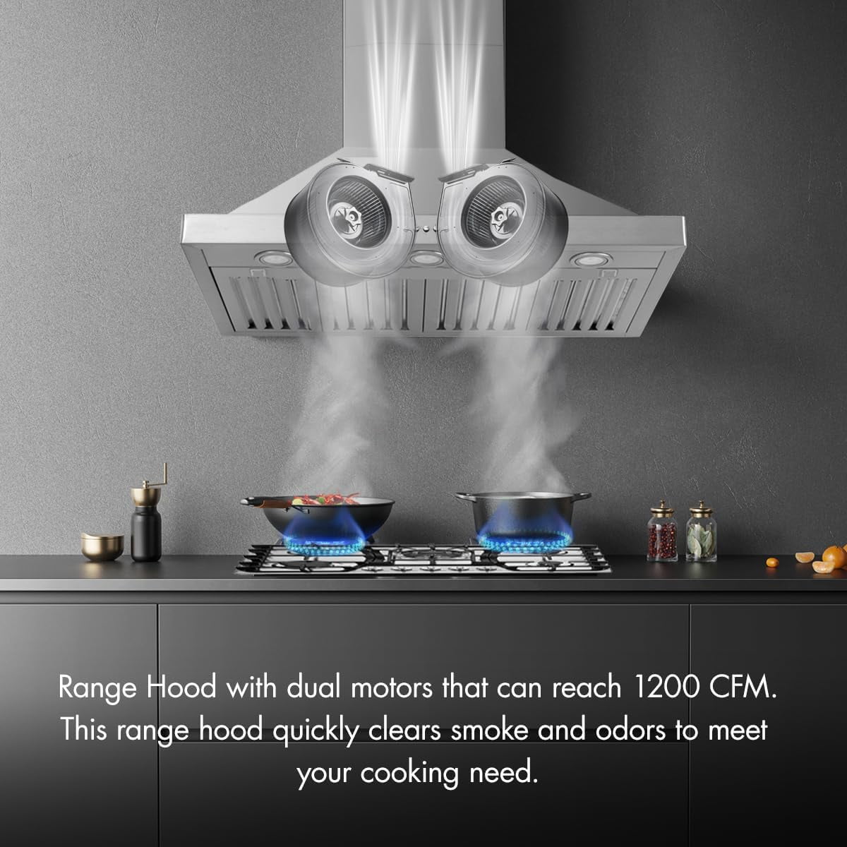 KYascend Upgraded 48 inch Wall Mount Range Hood Vent Convertible Dual Motors 1500CFM Stainless Steel for Kitchen 3 Speed Exhaust Fan ETL Listed