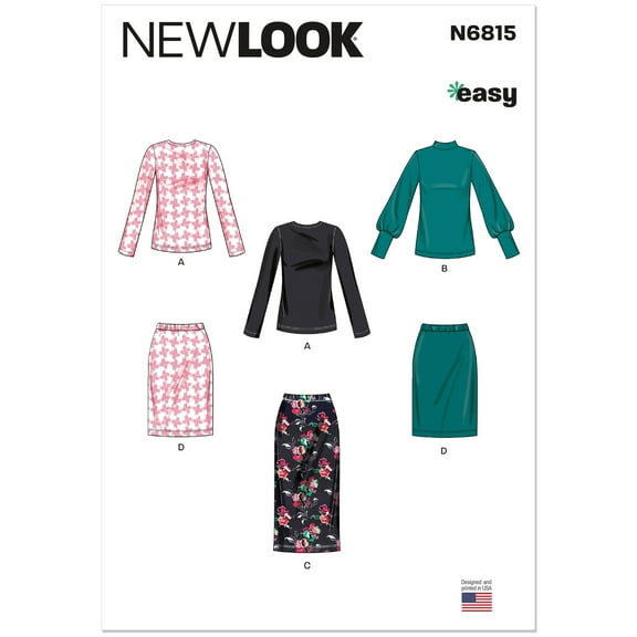 New Look Sewing Pattern 6815 - Misses' Knit Tops and Skirt In Two Lengths, Size: A (10-12-14-16-18-20-22)