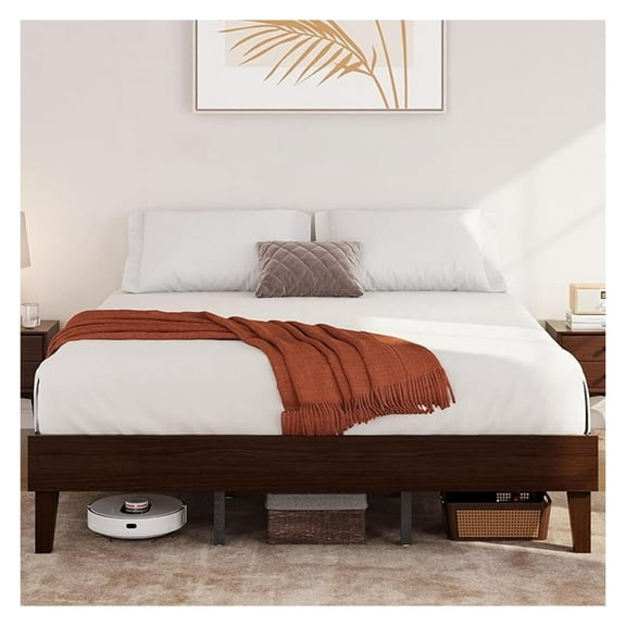King Bed Frame Natural Solid Wood Platform Bed with Wooden Slats Support, 12-inch Underbed Space for Storage, Noise-Free Design, Easy Assembly, Dark Walnut Finish