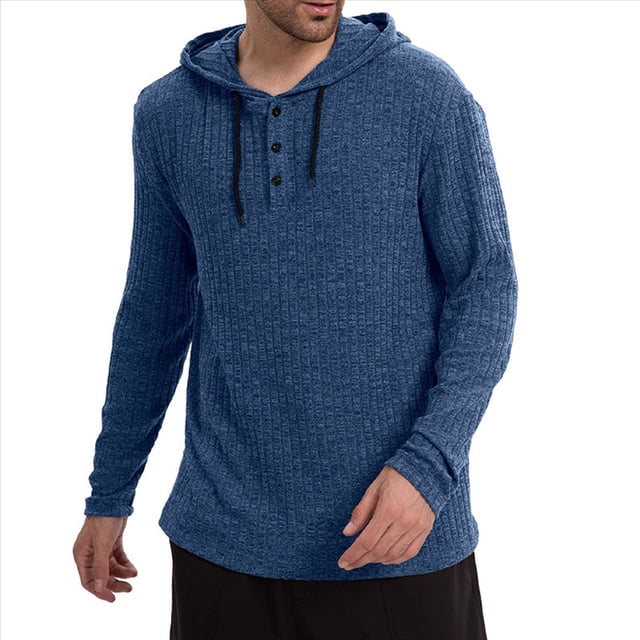 Camiseta Informal de Larga con Capucha y Botones para Hombre, Otoño e Invierno 2025, con Cordón Ajustable. Azul L