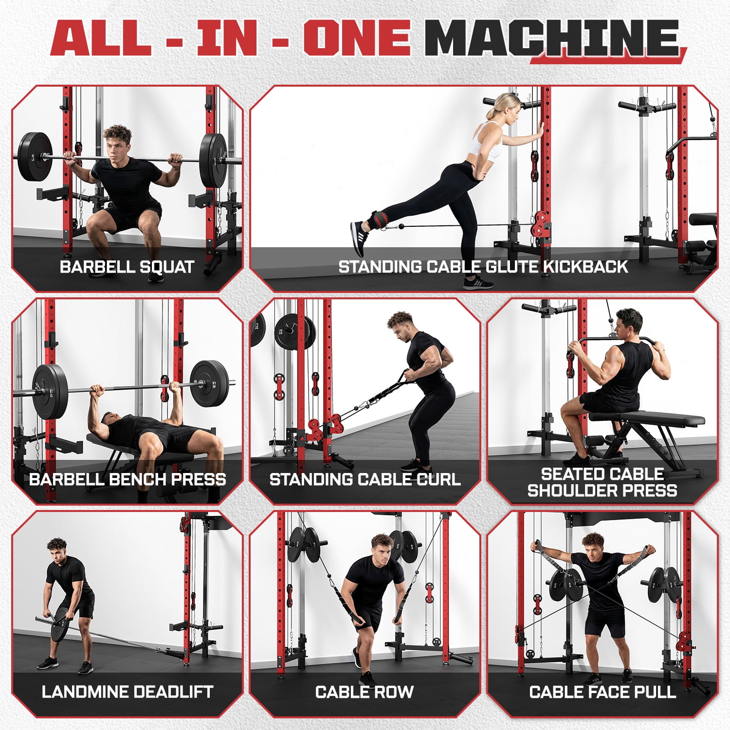 Wall Mounted Folding Squat Rack,1200 LBS Power Rack with Dual Independent Pulley System, 5 Adjustable Modes, Functional Trainer for Space Saving Home Gym with 1000 LB Weight Bench and Barbell ,Red