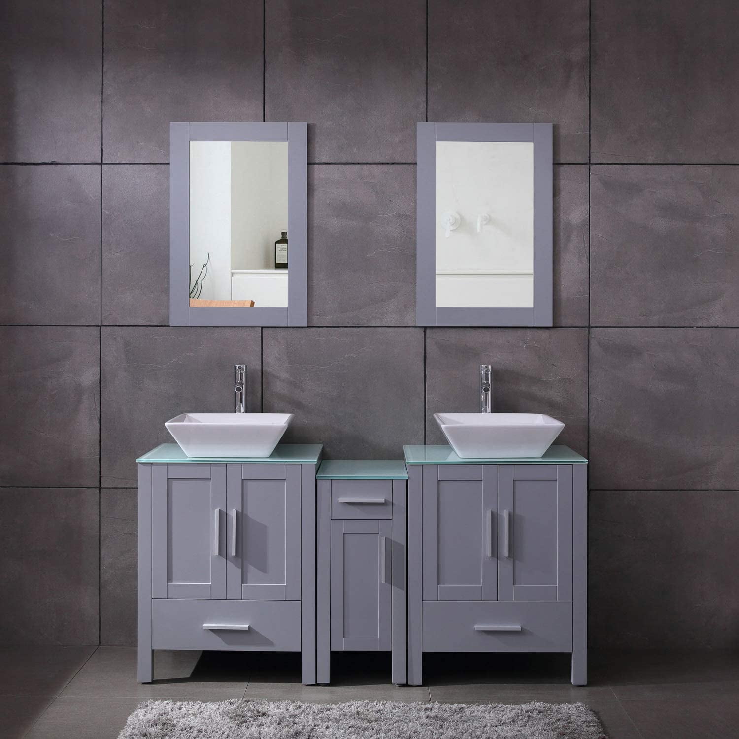 60" Black 2 Bathroom Vanity Mirror Side Cabinet Vessel Glass/Ceramic Sink Faucet 