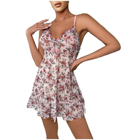 

KBKYBUYZ Ladies Stylish Sexy Lingerie Floral Print Hollow Ruffle Sexy Lingerie Nightdress