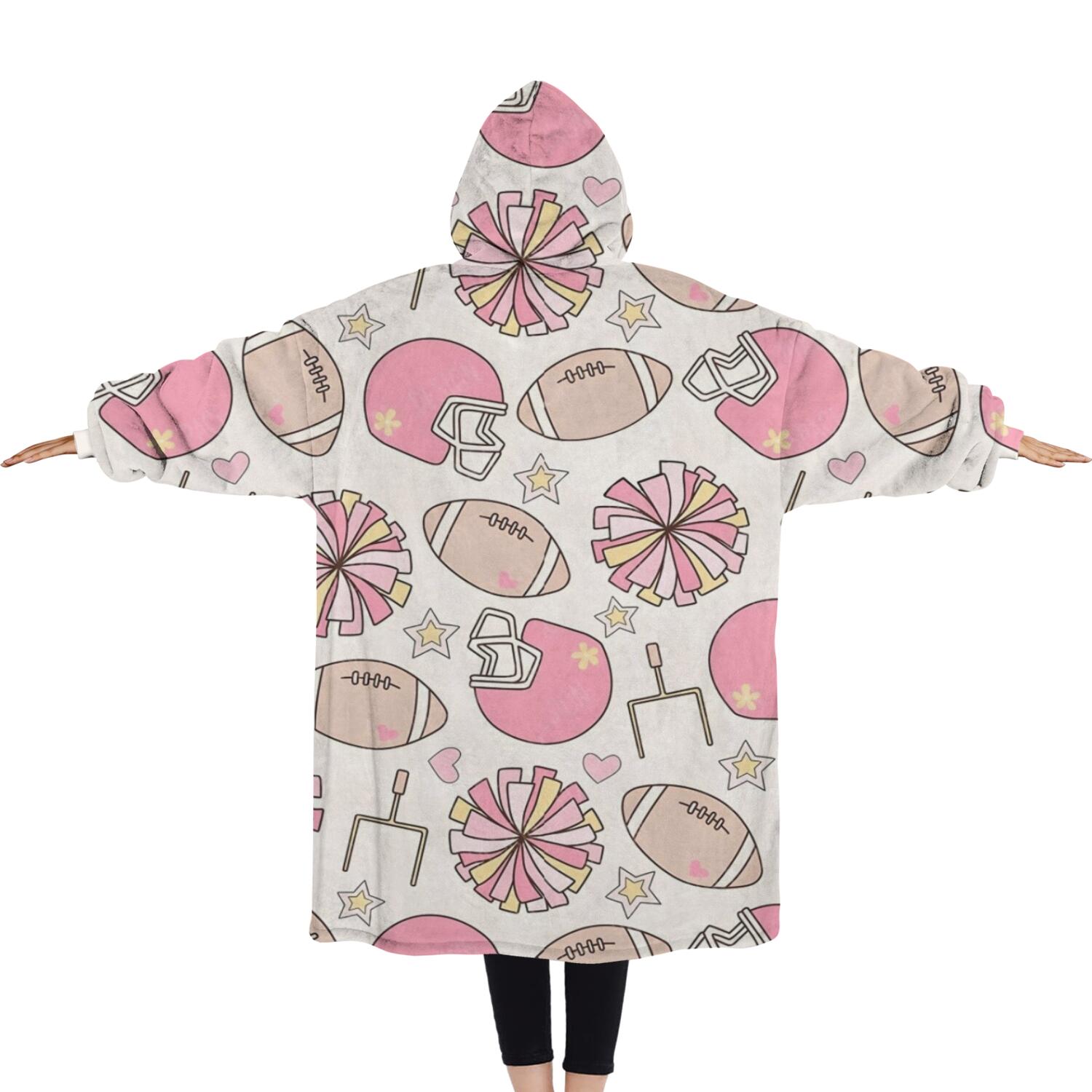 Oversized Wearable Blanket Hoodie,Pink Football Sherpa Blanket Hoodie with Super Pockets,Super Warm Fuzzy Pullover for Women & Men
