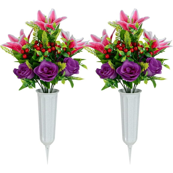 Artificial Cemetery Flowers for Grave, Set of 2 Artificial Dahlia Bouquet Memorial Flowers with Vase for Outdoor Cemetery Graveyard Decoration (White)