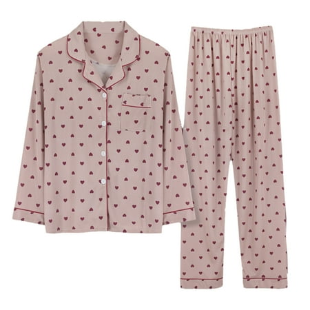 

Women 2 Piece Pajamas Set Long Sleeve Lapel Button Down Tops and Elastic Waist Pants Cow Leopard Zebra Striped Sleepwear
