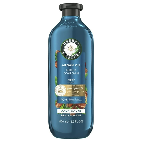Revitalisant sans parabènes à l’huile d’argan Herbal Essences, réparation capillaire, avec huile de camélia et aloès certifiés, pour tous les types de cheveux, particulièrement les cheveux endommagés 400ML